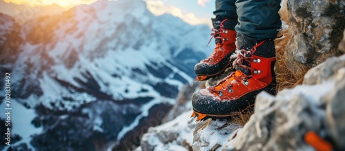 Hands female mountaineers wear crampons for boots before climbing the mountains in winter. with copy space image. Place for adding text or design