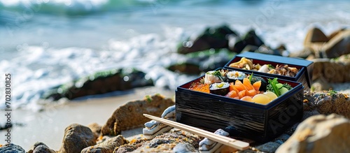 Japanese lunchbox Bento in Shodo Island. with copy space image. Place for adding text or design photo