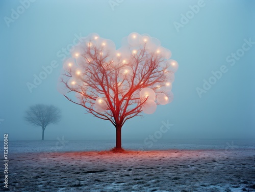 Heart-shaped tree, adorned with vibrant illuminated balloons and delicate bokeh light bulbs shadows. © Nattadesh