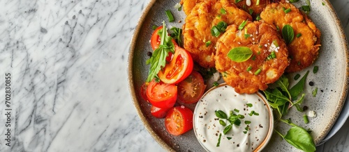 Many vegetable fritters in the plate with white sauce Mucver or mucver Vegetarian food with fried vegetables. with copy space image. Place for adding text or design photo