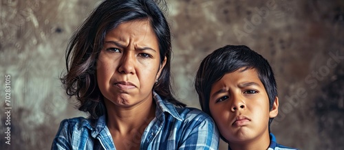 Hispanic mother and son standing together disgusted expression displeased and fearful doing disgust face because aversion reaction. with copy space image. Place for adding text or design photo
