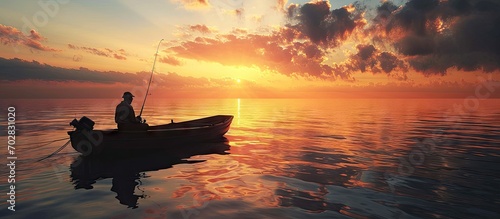 Mature man fishing from the boat at sunset. with copy space image. Place for adding text or design photo