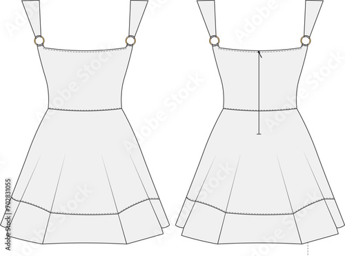 shoulder straps strappy flared a line flared mini short dress template technical drawing flat sketch cad mockup fashion woman design style model
