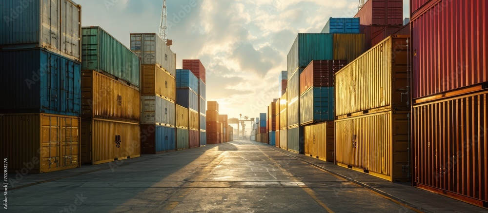Handling stack of container shipping Container shipping yard. with copy space image. Place for adding text or design - obrazy, fototapety, plakaty 