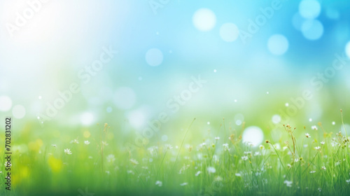 Beautiful sunny spring meadow with green grass and blue sky. Abstract background with light bokeh and space for text. © pilipphoto
