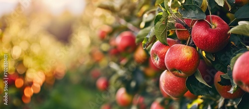 large ripe apples clusters hanging heap on a tree branch in an intense apple orchard. with copy space image. Place for adding text or design photo