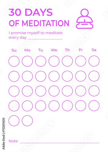 30 days meditation planner. Checklist template. (ID: 702831630)
