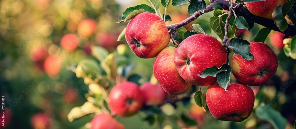 Obraz premium large ripe apples clusters hanging heap on a tree branch in an intense apple orchard. with copy space image. Place for adding text or design