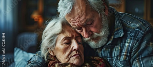Loving mature wife giving comfort support empathy to frustrated desperate senior husband Old couple talking about bad news cancer disease health financial problems. with copy space image