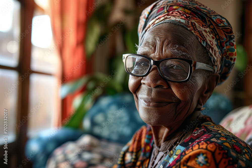 Happy elderly black woman in a living room