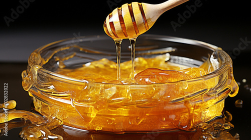 Fresh yellow organic honey dripping from spoon