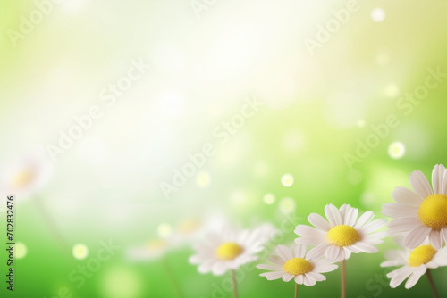 Beautiful daisy flowers on sunny spring meadow. Background with light bokeh and space for text.