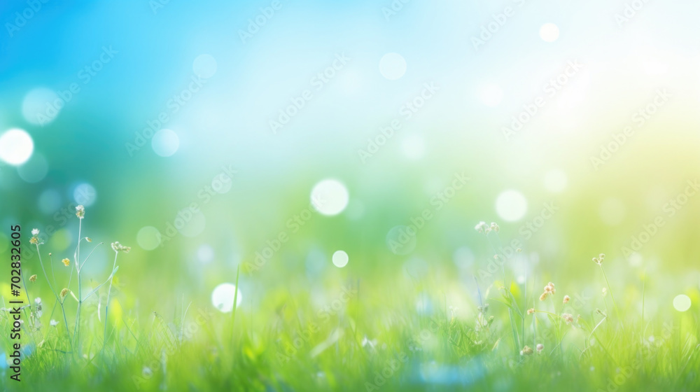 Beautiful sunny spring meadow with green grass and blue sky. Abstract background with light bokeh and space for text. - obrazy, fototapety, plakaty 