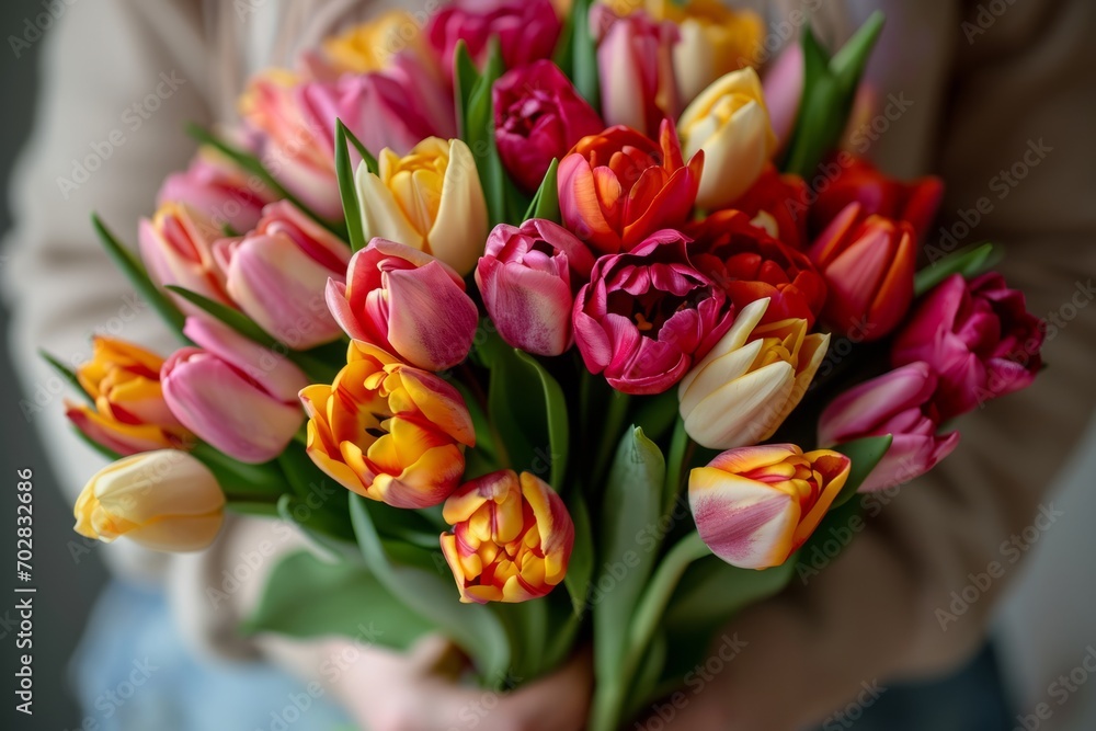 gentle bouquet of tulips held by caring hands, Generative AI gentle bouquet of tulips held by caring hands, Generative AI