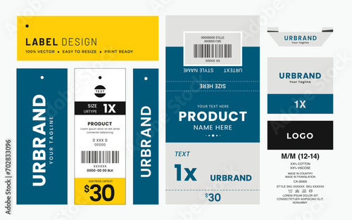 Hangtag label and price tag apparel care label with barcode sample garments accessories packaging design eco and vintage fashion product. photo