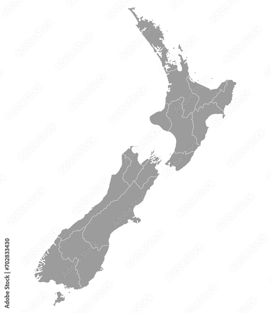 New Zealand map. Map of New Zealand in administrative provinces in grey color