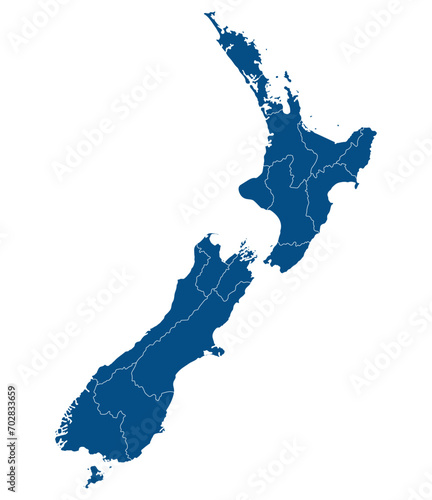 New Zealand map. Map of New Zealand in administrative provinces in blue color photo