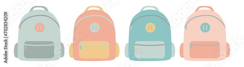 Set school backpack, sport, Study and travel bag in pastel colors. Flat Vector illustration isolated on white background. College accessory, Fashion concept. Design collection for Card, Poster, Banner