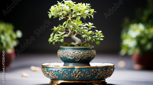 Fresh green plant growth in ornate Japanese flower pot decoration