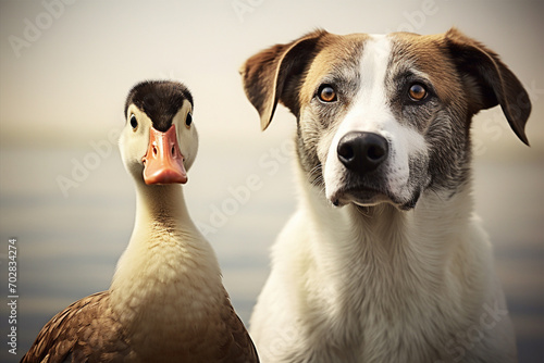 Close up of duck and dog photo