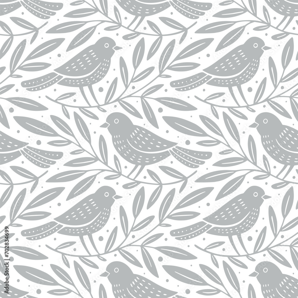 Hand drawn seamless pattern with decorative birds and branches Nature floral forest seamless pattern