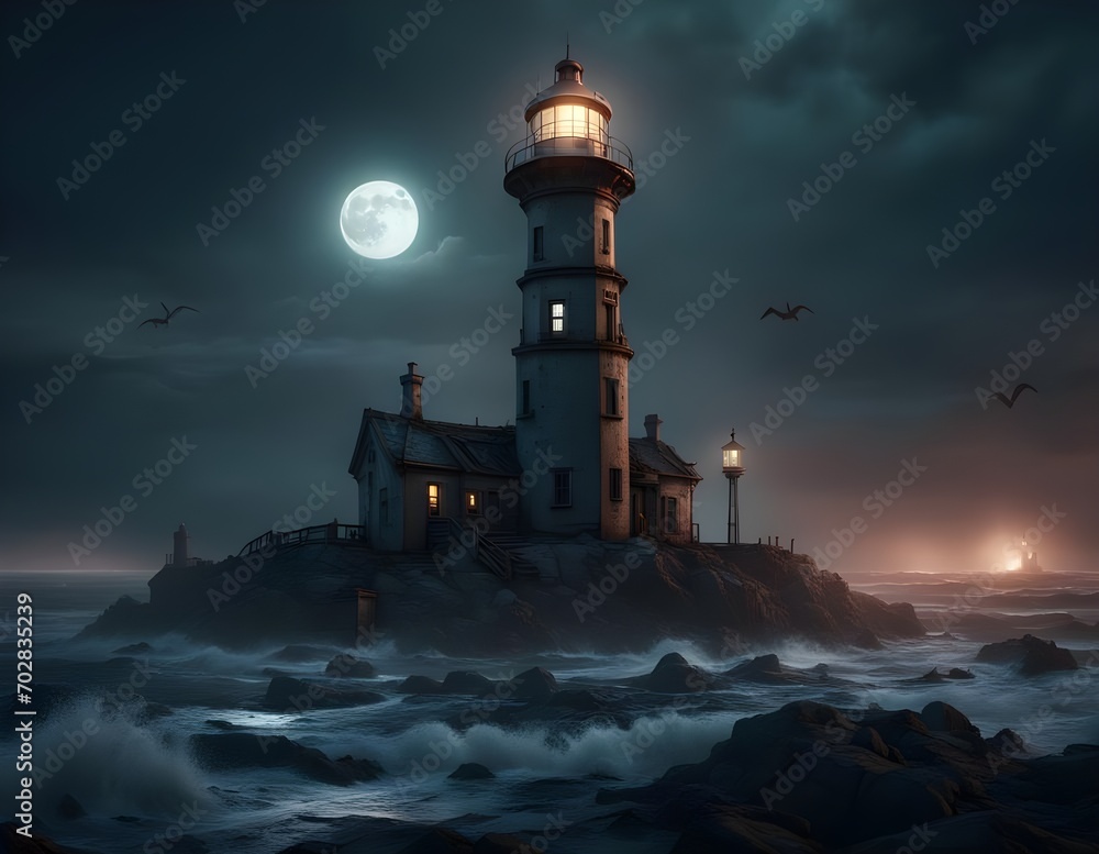 A AI image: An eerie old lighthouse, decrepit in the moon's dim glow on a dark night, evokes foreboding and horror.