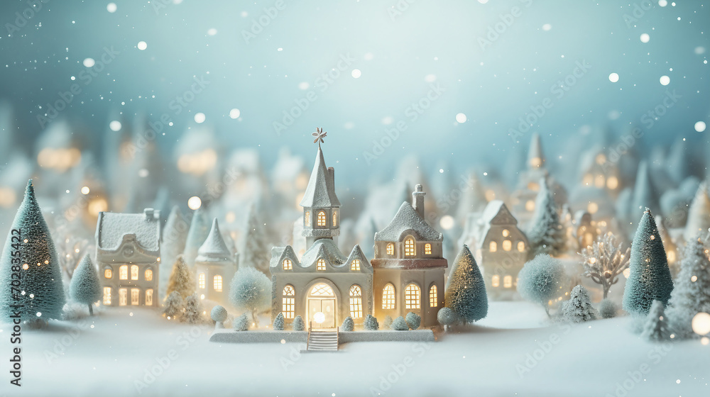 Obraz premium A small Christmas village with snow and decorations is made up of beautiful winter snowy landscape.