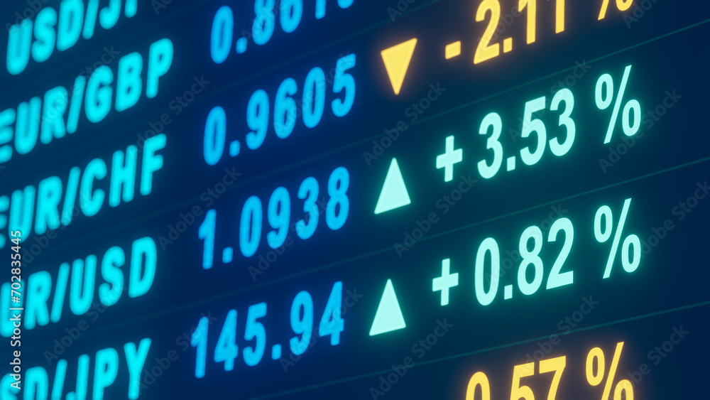 Obraz premium Currency exchange rates, Japanese yen, US dollar Euro, Swiss franc. Rates, percentage signs, changes. Trading, currency rates,, business and investment concept. 3D illustration