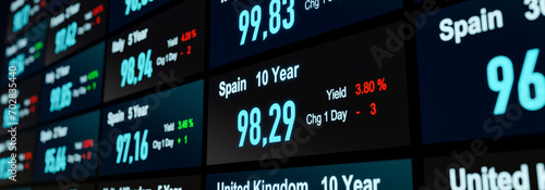 Spanish governement bonds, yield and price inforamtion on the screen. Bond market trading, interest rates, treasury bonds, investment. photo