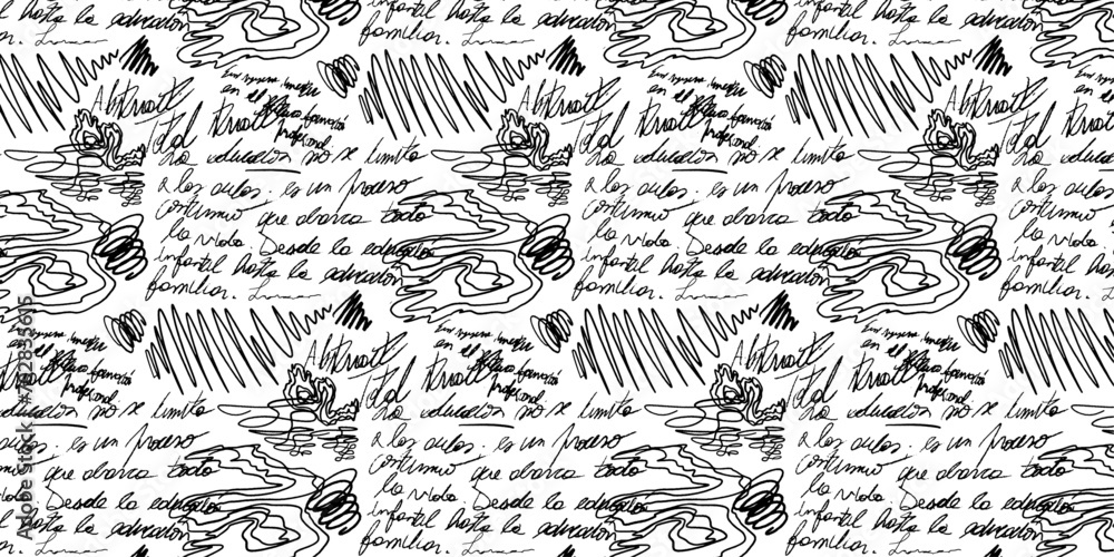 Vintage Vector with Abstract Calligraphy and Ink Pattern, resembling Scribbles Grunge. Repeating background with black script, handmade doodles, perfect for wallpaper, wrapping paper, fabrics.