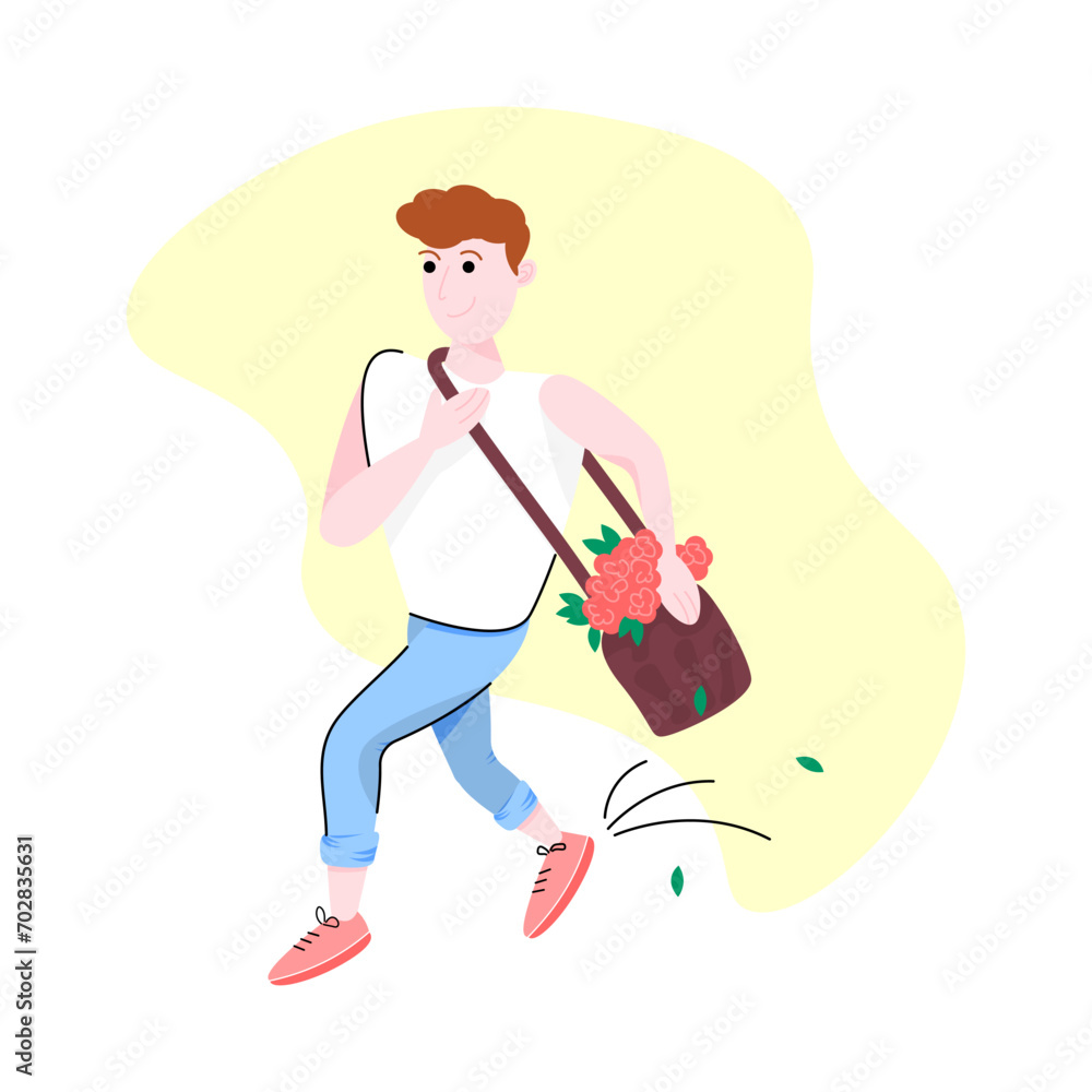 Man running with flowers to date. Cartoon illustration isolated on white background Man running with flowers to date. Cartoon illustration isolated on white background