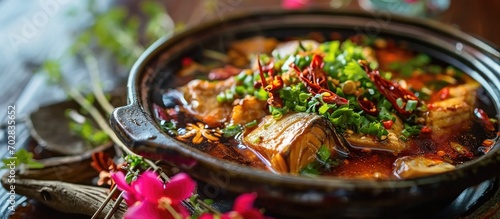 Chinese-style hot pot with fish, flower branch, and shrimp paste, creating a delicious Asian dish.