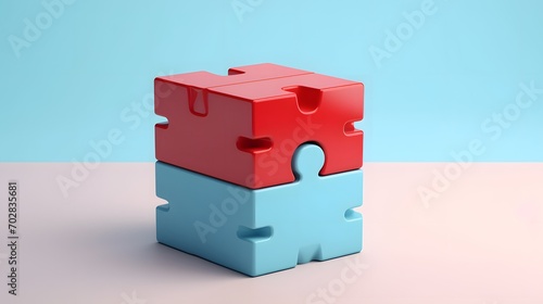 Four jigsaw puzzle blocks different colors are put together perfect with goal target icon on blue background  minimalist. Business partnership  teamwork  difference  unity and collaboration concepts.