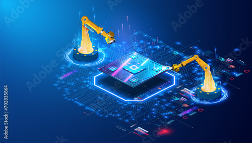 Futuristic Automation Technology Concept with Robotic Arms and CPU Chip on Digital Network Background. Industrial robot places electronic components on an electronic circuit board. Vector illustration