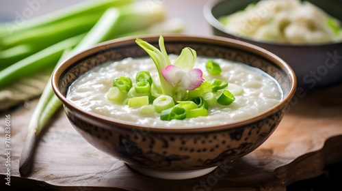 Image of green fresh sliced spring onion and ginger slices on rice porridge in light pink bowl with metal short spoon on wooden table, close up. Asian style cuisine, hot breakfast traditional food.
