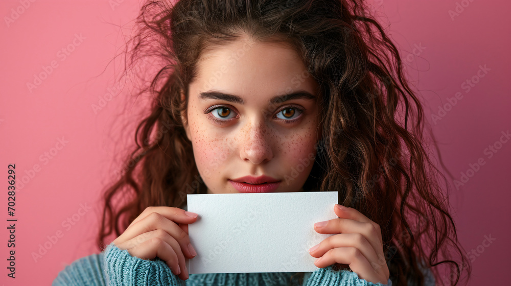 woman holding blank card woman holding blank card