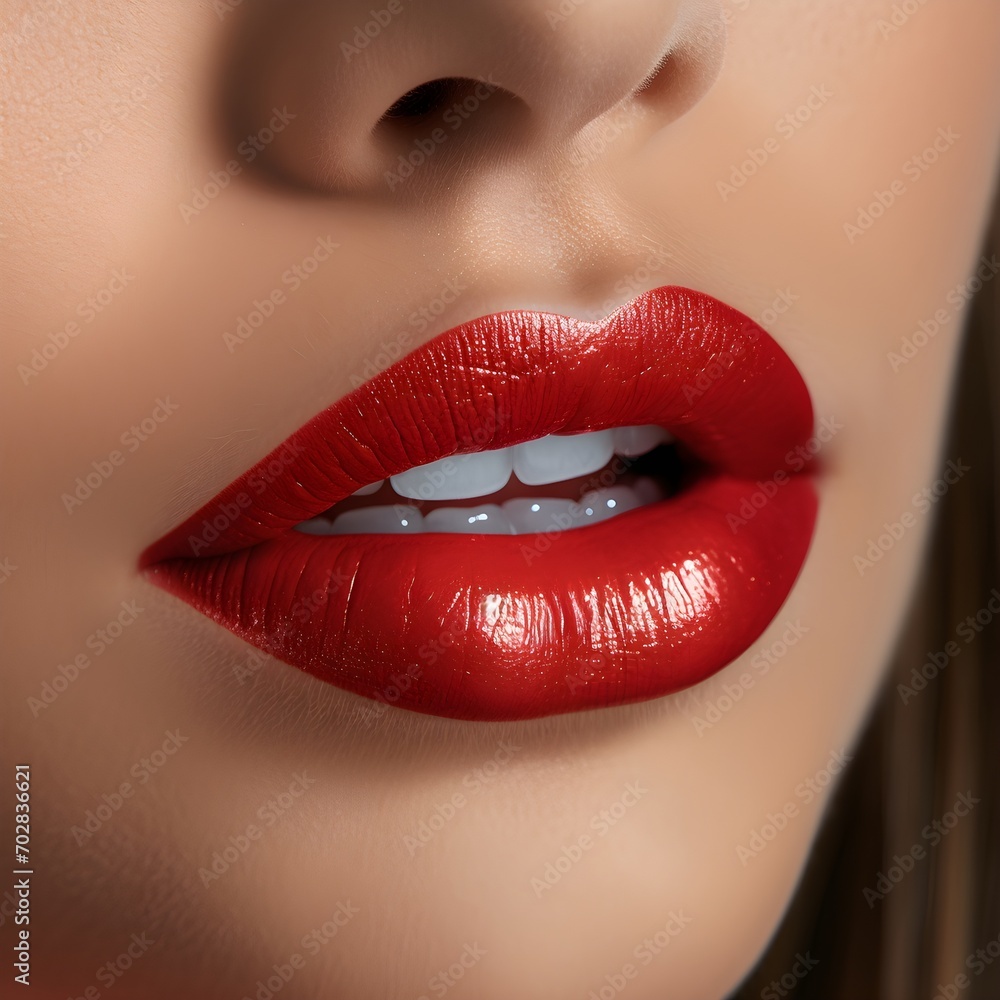 Close up lips of woman, bright red lipstick, Radiant, Youthful, Glowing, Flawless, Elegance, Chic, Alluring, Timeless, Glamorous, Confidence, beautiful white teeth, mouth slightly open Close up lips of woman, bright red lipstick, Radiant, Youthful, Glowing, Flawless, Elegance, Chic, Alluring, Timeless, Glamorous, Confidence, beautiful white teeth, mouth slightly open