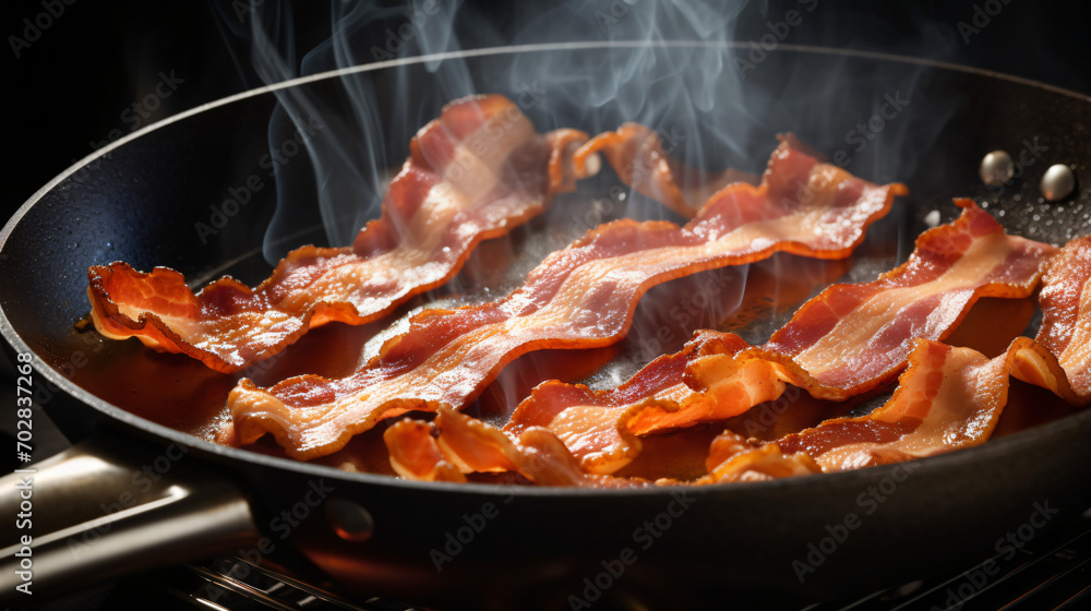Bacon slice being cooked in frying pan