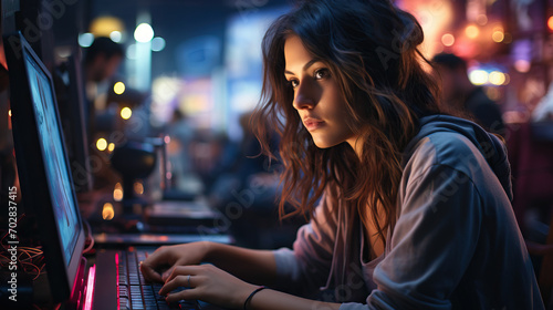 Focused Female Developer: Coder Wearing Glasses Engrossed in Work, Analyzing Code and Data on Computer Screen with Determination