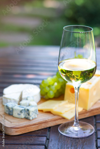 Tasty appetizer for white wine on picnic in garden