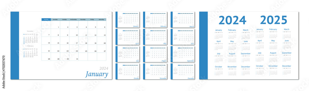 Vector flat illustration. Calendar for 2024 on a light background. Ideal for the design of your workplace. Vector flat illustration. Calendar for 2024 on a light background. Ideal for the design of your workplace.