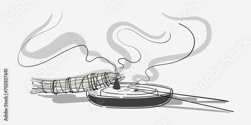 Palo santo wood line art drawing with incense sticks on beige background. Fumigation with herbs, shaman medicine, aromatherapy tools and line set. Vector illustration