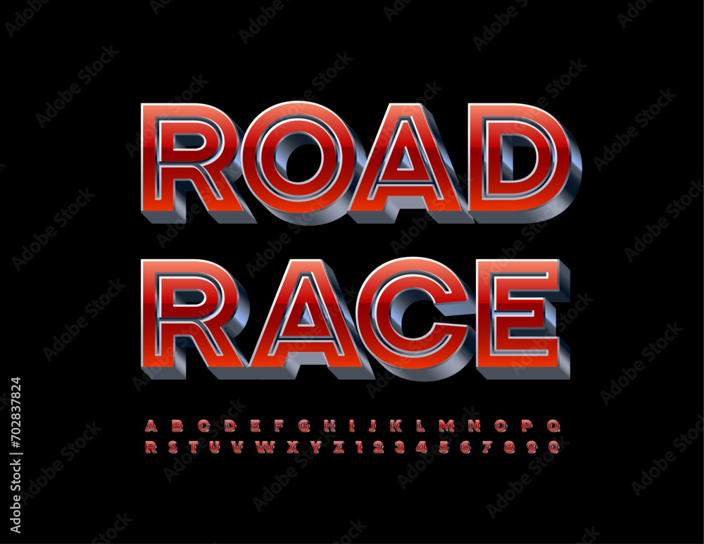 Vector techno icon Road Race. Red and Silver Unique Font. Trendy Alphabet Letters and Numbers Vector techno icon Road Race. Red and Silver Unique Font. Trendy Alphabet Letters and Numbers