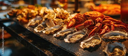 Hotel restaurant serving a buffet with oysters, Alaskan king crab. photo