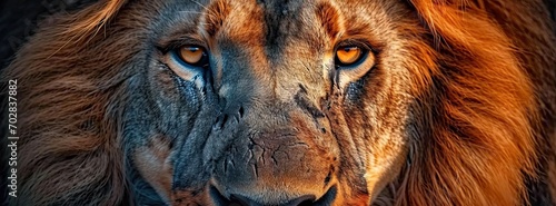 Majestic lion in close up portrait symbolizing king of wilderness. Fierce gaze. Intense look of apex predator of african savannah. Close encounter. Stunning portrait of powerful and beautiful leo