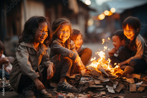 In the slums  the children sit around and practice  their laughter full of hope
