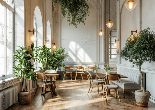 Luxury interior design of a restaurant with white walls, wooden floor, large windows and green plants in pots