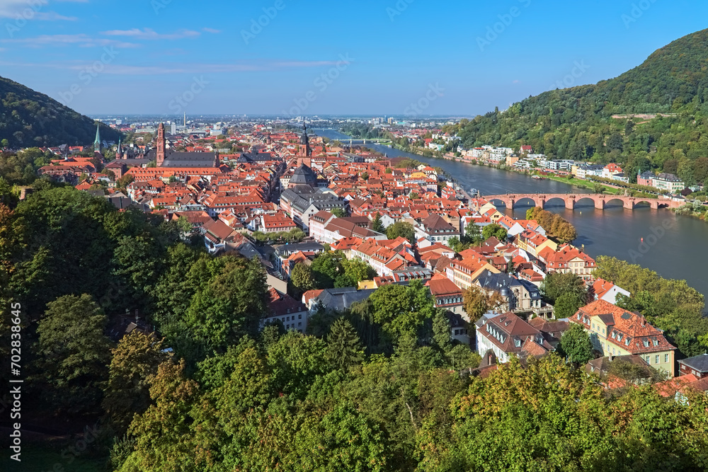 Heidelberg, Germany. High angle view over the Heidelberg Old Town with Jesuit Church, Church of the Holy Spirit and Old Bridge (Karl Theodor Bridge) across the Neckar river.