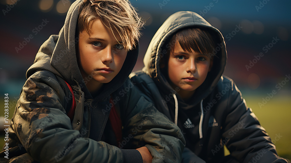 Fototapeta premium Two Boys Sitting on the Grass in a Stadium, Expressing Sadness and Disappointment, Perhaps Reflecting the Outcome of a Sports Event or Their Expectations
