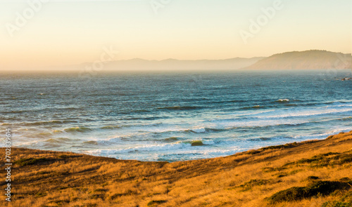 Fototapeta Naklejka Na Ścianę i Meble -  Beautiful sunset in the Pacific Ocean with soft warm light and yellow dry grass